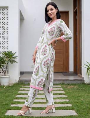 White printed cotton kurta trouser set 4