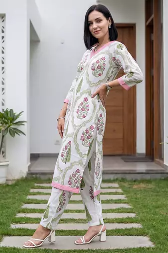 White printed cotton kurta trouser set
