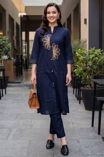 Blue embroidered cotton kurta trouser set