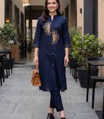 Blue embroidered cotton kurta trouser set