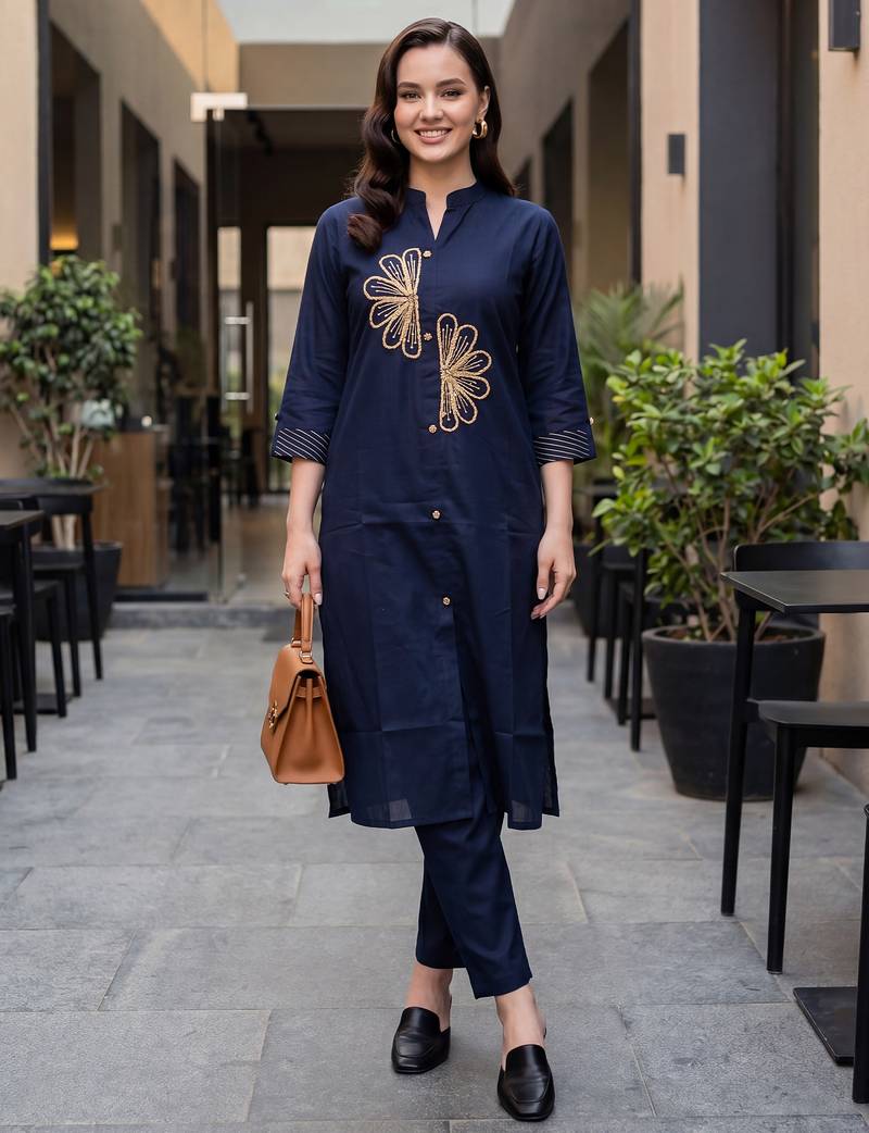 Blue embroidered cotton kurta trouser set