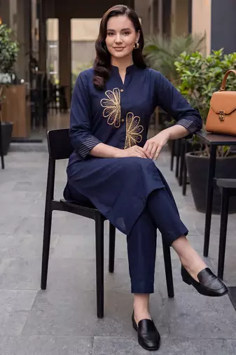 Blue embroidered cotton kurta trouser set