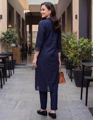 Blue embroidered cotton kurta trouser set 3