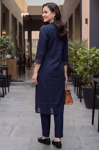 Blue embroidered cotton kurta trouser set