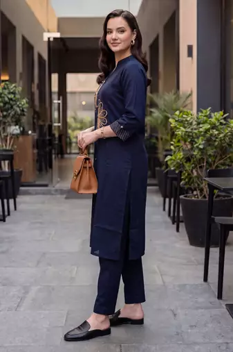 Blue embroidered cotton kurta trouser set