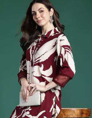 Maroon printed viscose rayon kurta trouser set 1