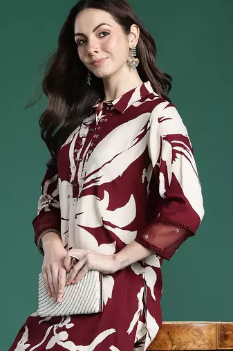 Maroon printed viscose rayon kurta trouser set