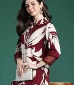 Maroon printed viscose rayon kurta trouser set
