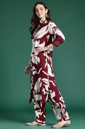 Maroon printed viscose rayon kurta trouser set