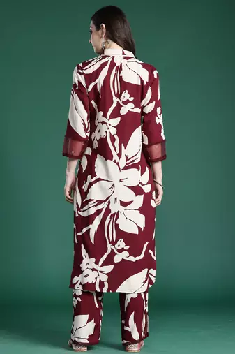 Maroon printed viscose rayon kurta trouser set
