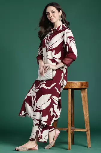 Maroon printed viscose rayon kurta trouser set