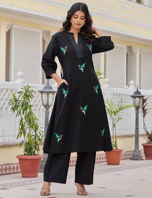 Black printed cotton kurta trouser set 1