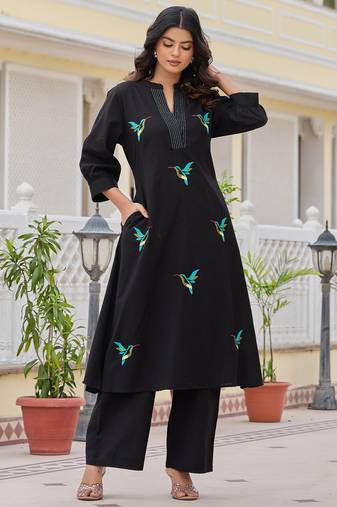 Black printed cotton kurta trouser set