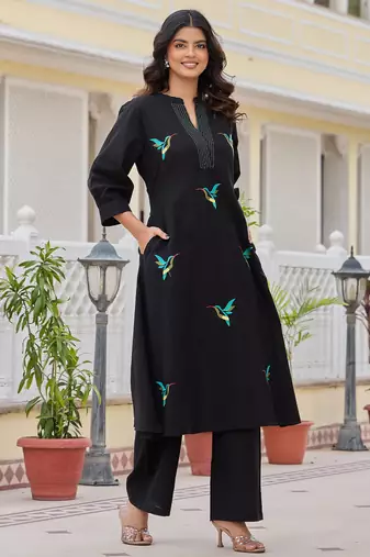 Black printed cotton kurta trouser set