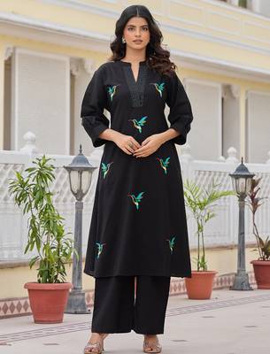 Black printed cotton kurta trouser set 4