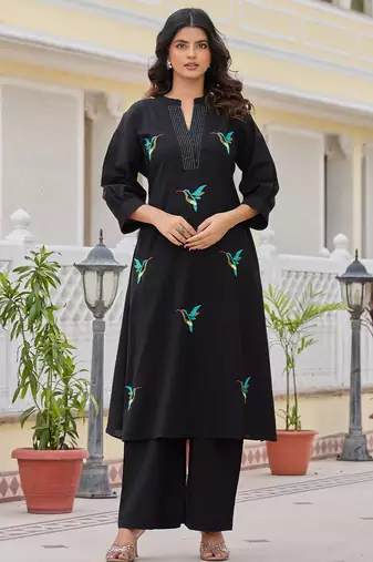 Black printed cotton kurta trouser set