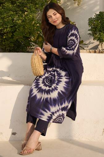 Blue printed cotton kurta trouser set