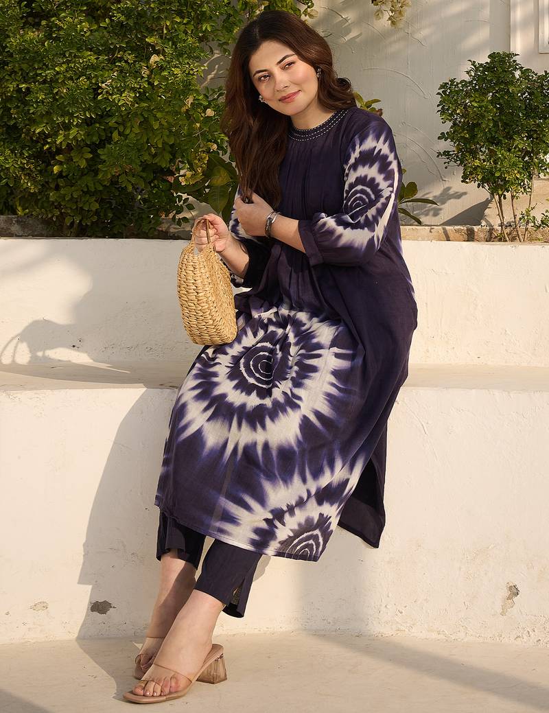 Blue printed cotton kurta trouser set