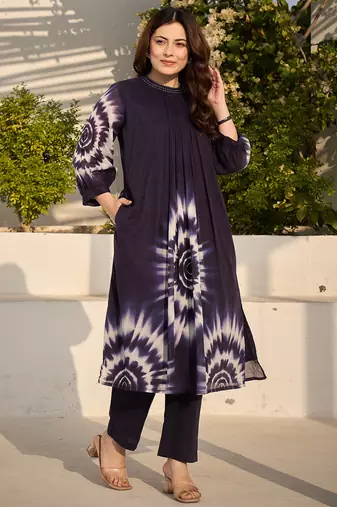 Blue printed cotton kurta trouser set