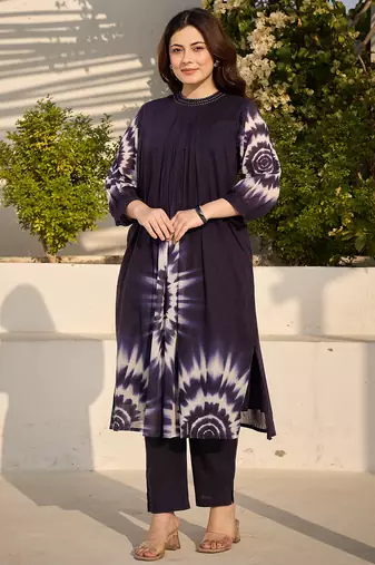 Blue printed cotton kurta trouser set