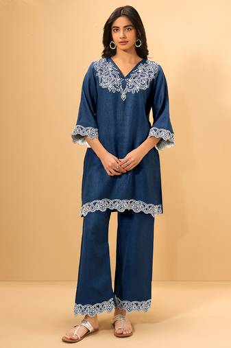 Blue embroidered linen kurta trouser set
