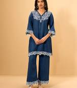 Blue embroidered linen kurta trouser set