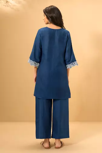 Blue embroidered linen kurta trouser set