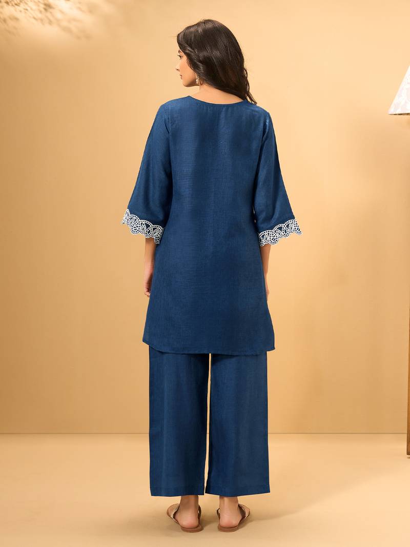 Blue embroidered linen kurta trouser set
