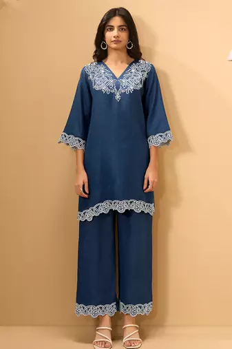 Blue embroidered linen kurta trouser set