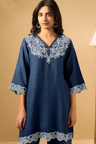 Blue embroidered linen kurta trouser set
