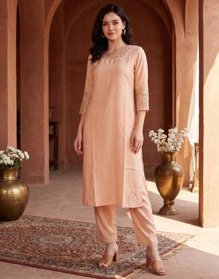 Peach embroidered viscose rayon kurta trouser set 1