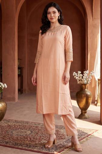 Peach embroidered viscose rayon kurta trouser set