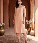 Peach embroidered viscose rayon kurta trouser set