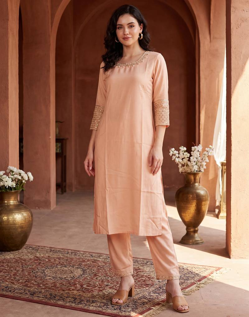 Peach embroidered viscose rayon kurta trouser set