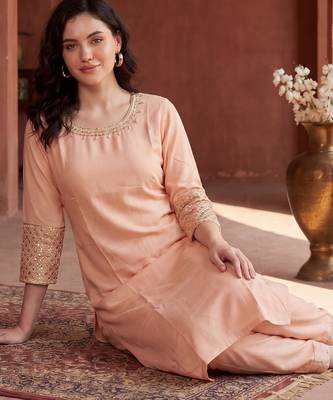 Peach embroidered viscose rayon kurta trouser set 2