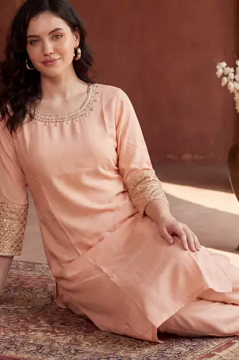 Peach embroidered viscose rayon kurta trouser set