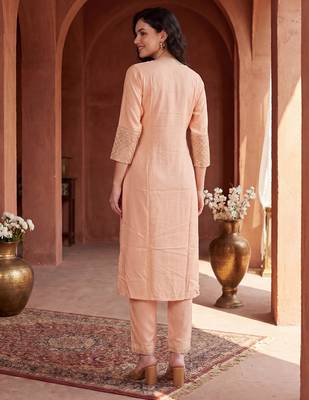 Peach embroidered viscose rayon kurta trouser set 3