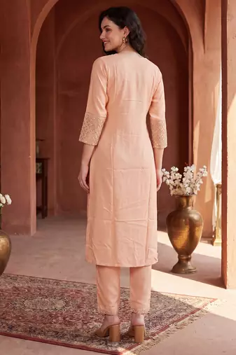 Peach embroidered viscose rayon kurta trouser set