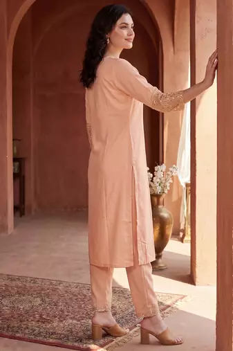 Peach embroidered viscose rayon kurta trouser set