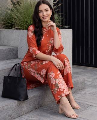 Orange printed viscose rayon kurta trouser set 2