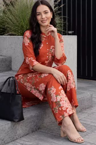 Orange printed viscose rayon kurta trouser set