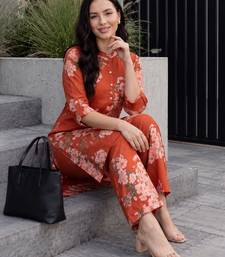 Orange printed viscose rayon kurta trouser set