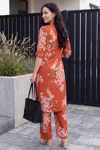 Orange printed viscose rayon kurta trouser set