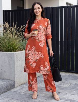 Orange printed viscose rayon kurta trouser set 1