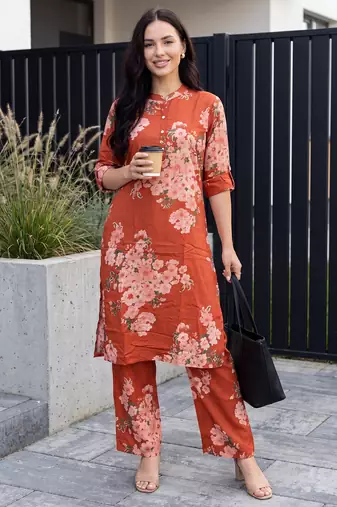 Orange printed viscose rayon kurta trouser set