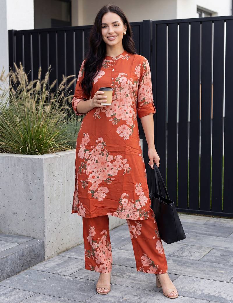 Orange printed viscose rayon kurta trouser set