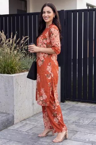 Orange printed viscose rayon kurta trouser set