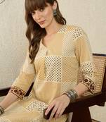 Beige printed cotton kurta trouser set