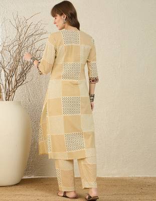 Beige printed cotton kurta trouser set 2