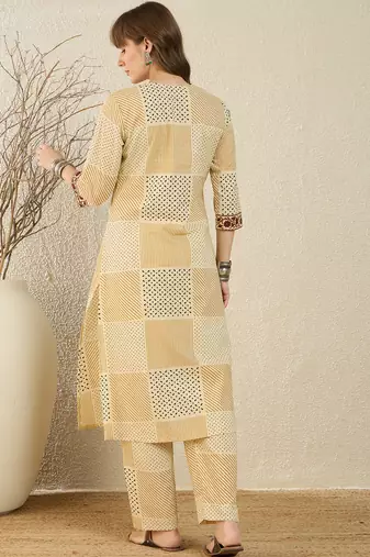Beige printed cotton kurta trouser set